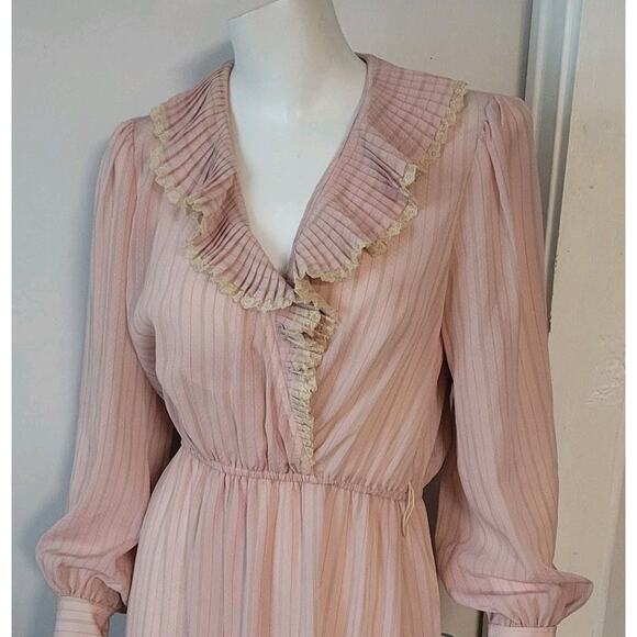 Donna Morgan Non Stop Sheer Pink Midi Dress Sz. S Chiffon Union Made Long Sleeve - Picture 7 of 11